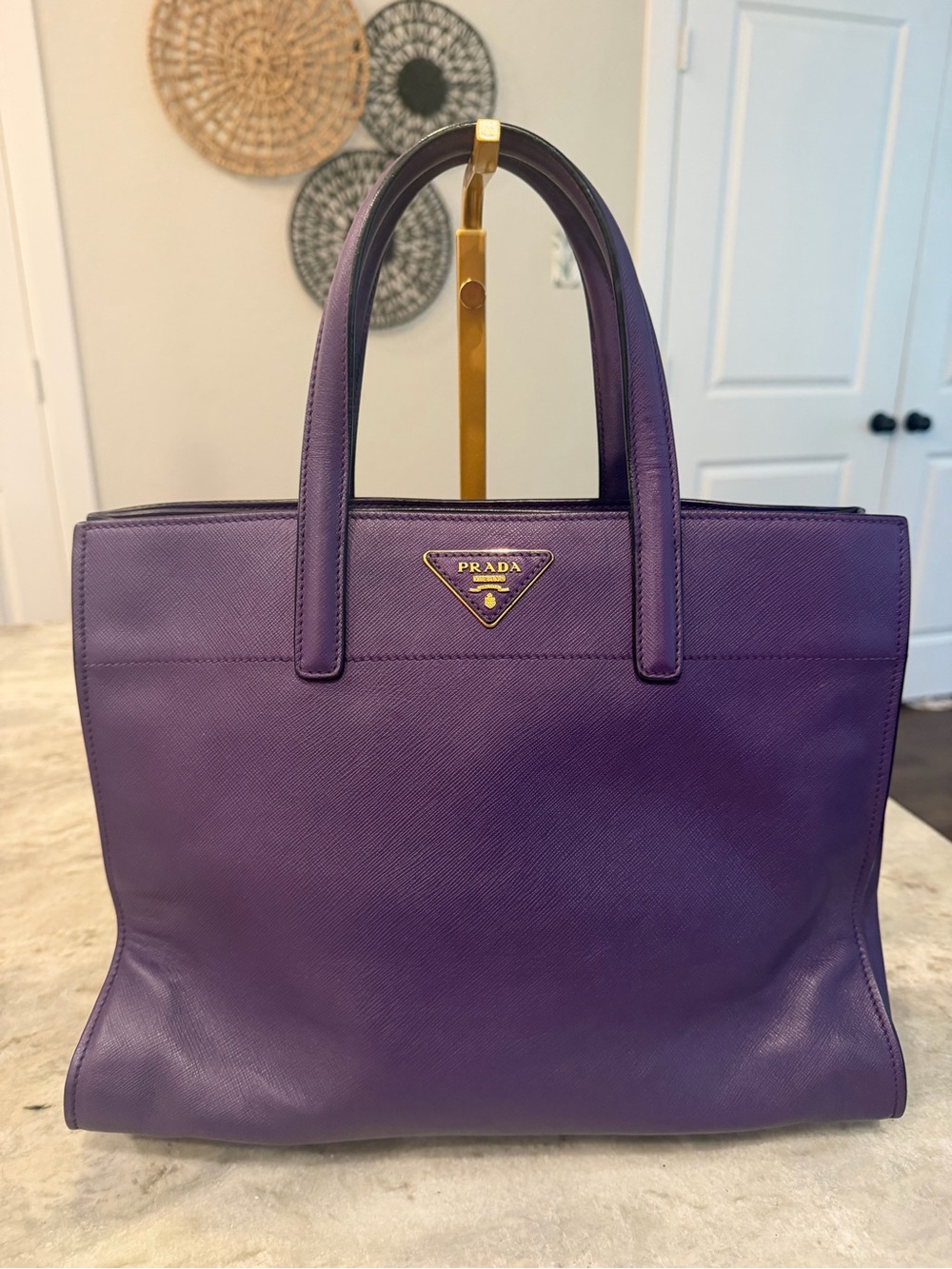 Prada Purple Saffiano Leather Double-Handle Tote with Gold Logo comes with COA